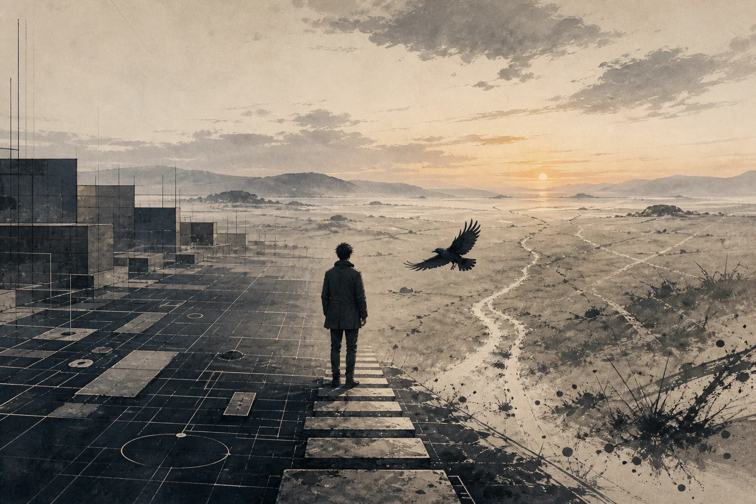 A figure stands at a threshold between a geometric city and an open landscape, with a raven in flight.