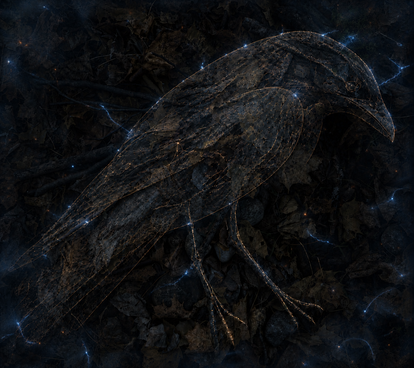 A translucent cyber raven follows the branch-and-stone arrangement beneath it: its beak bends downward at the upper right, broad wings extend left, and two constellation-like legs divide toward the forest floor amid blue-black mist, faint electrical arcs, and copper signal points.