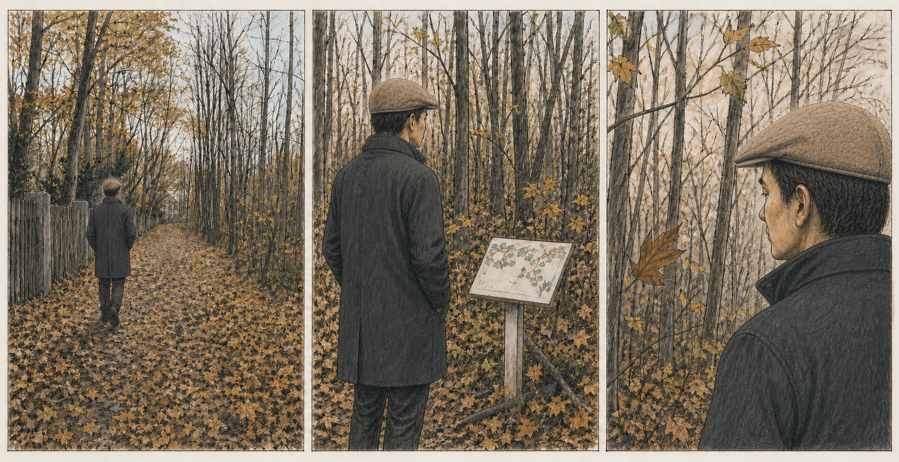 Three-panel pencil comic: Bertram, wearing a brown flat cap and dark overcoat, walks along a leaf-covered forest path, pauses beside a trail sign, then listens among the trees.