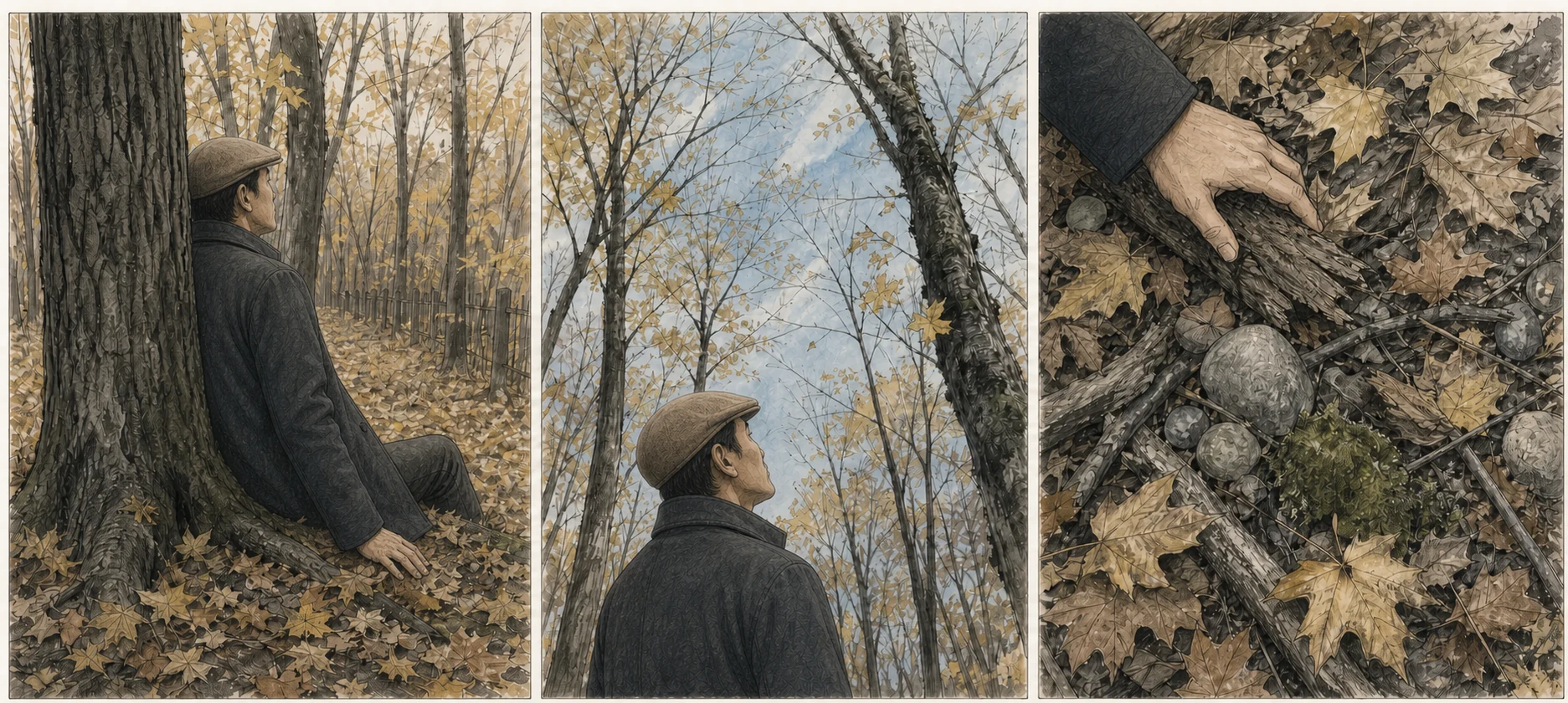 Three-panel pencil comic: wearing the same brown flat cap and dark overcoat, Bertram rests against a tree, looks into the canopy, and notices bark, stones, twigs, leaves, and moss on the forest floor.