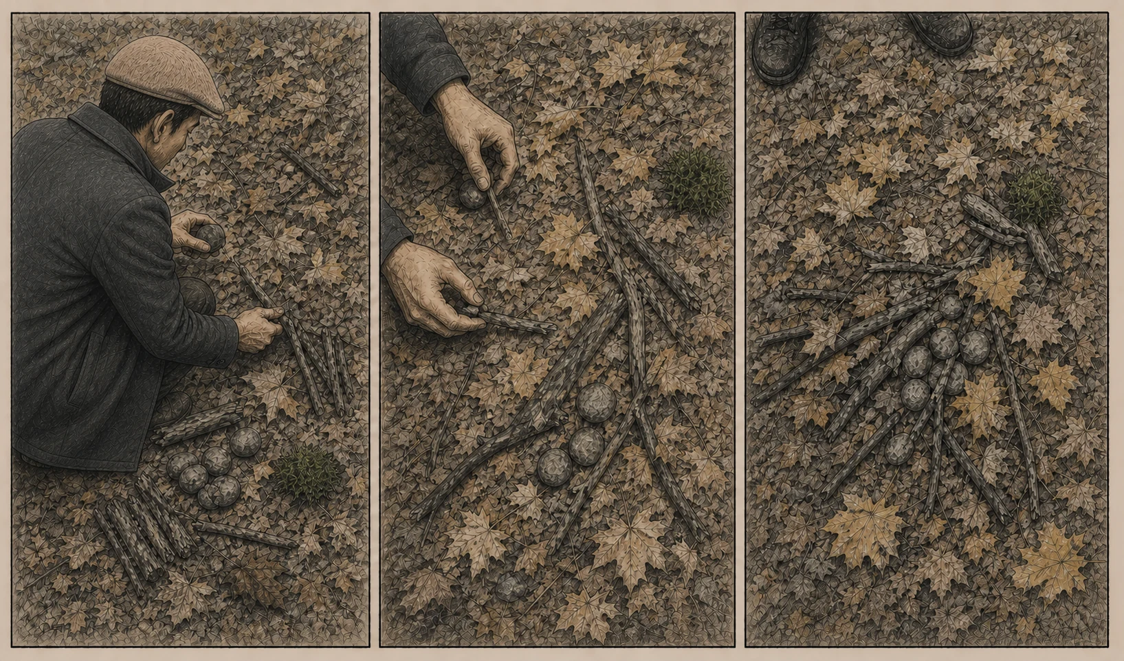 Three-panel pencil comic: wearing the same brown flat cap and dark overcoat, Bertram quietly studies the forest materials, tests an uncertain arrangement, and steps back from a rough raven shape hidden among the leaves.