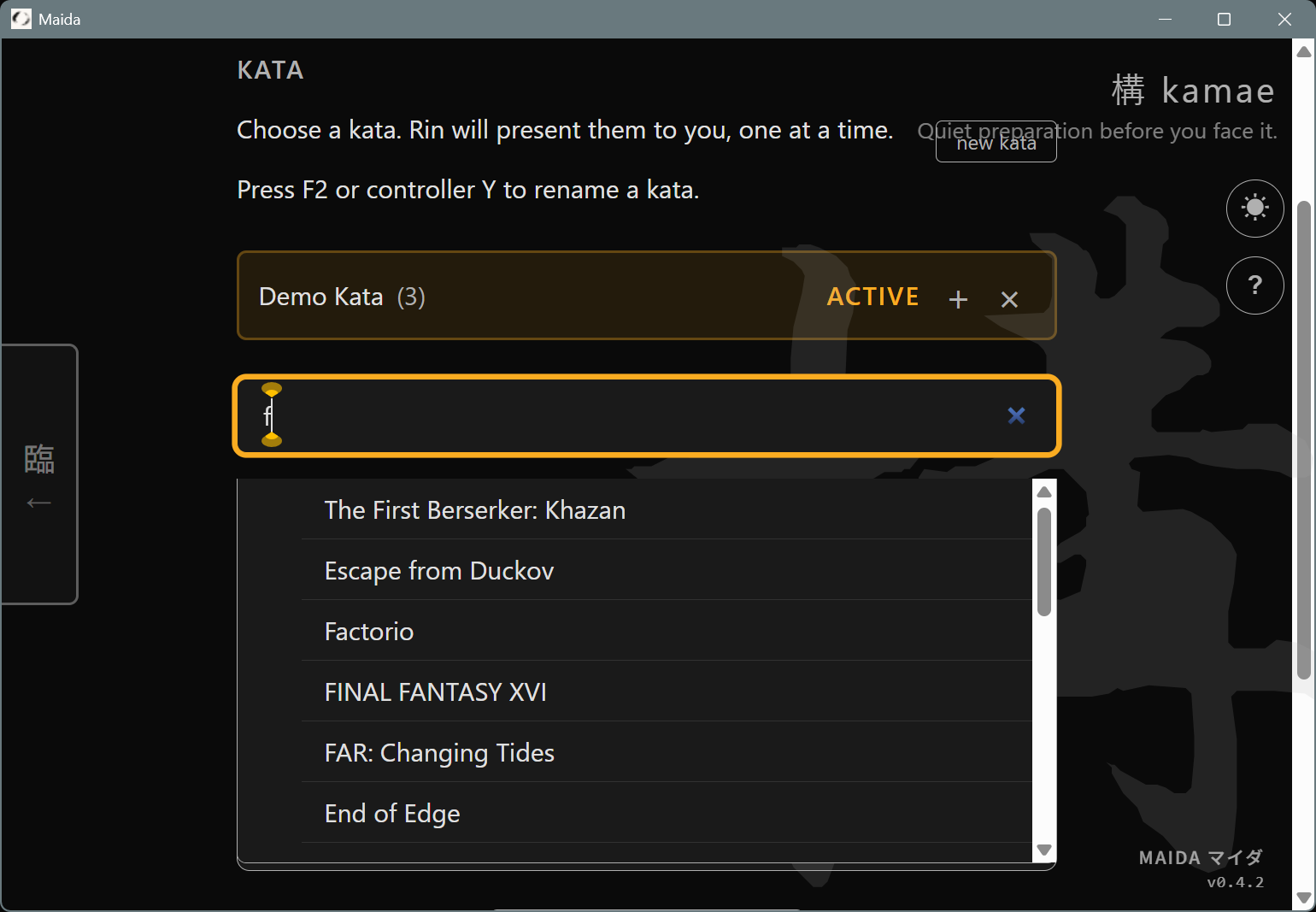 Maida interface with game choices and a search field.